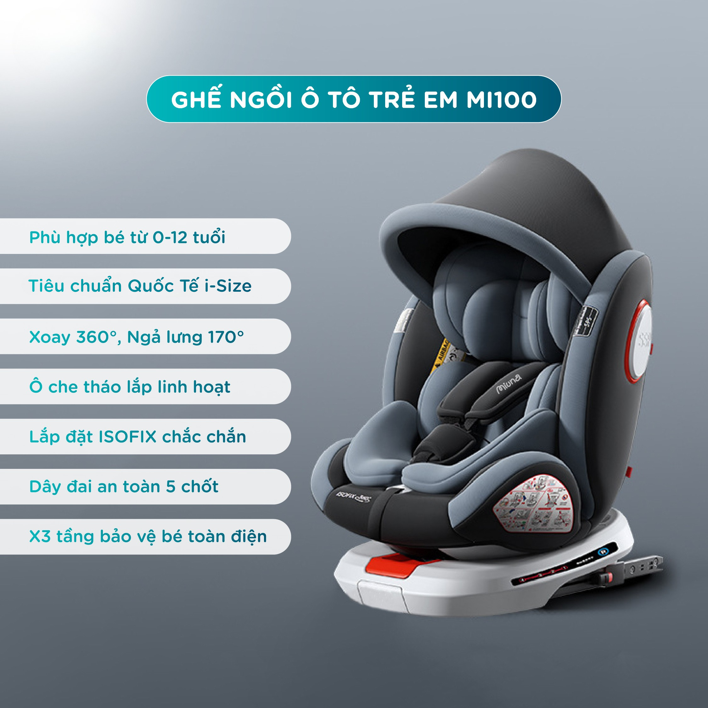 Ghế ngồi ô tô cho bé Miuna MI100 Tiêu chuẩn i-Size, Xoay 360°, Lắp đặt ISOFIX - Ảnh 2