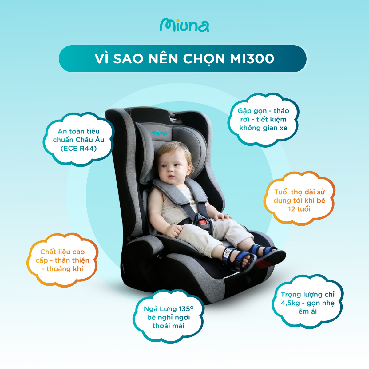 Ghế ngồi ô tô cho bé Miuna MI300 đạt chuẩn ECE R44 (cho bé từ 9m-12y) - Ảnh 4