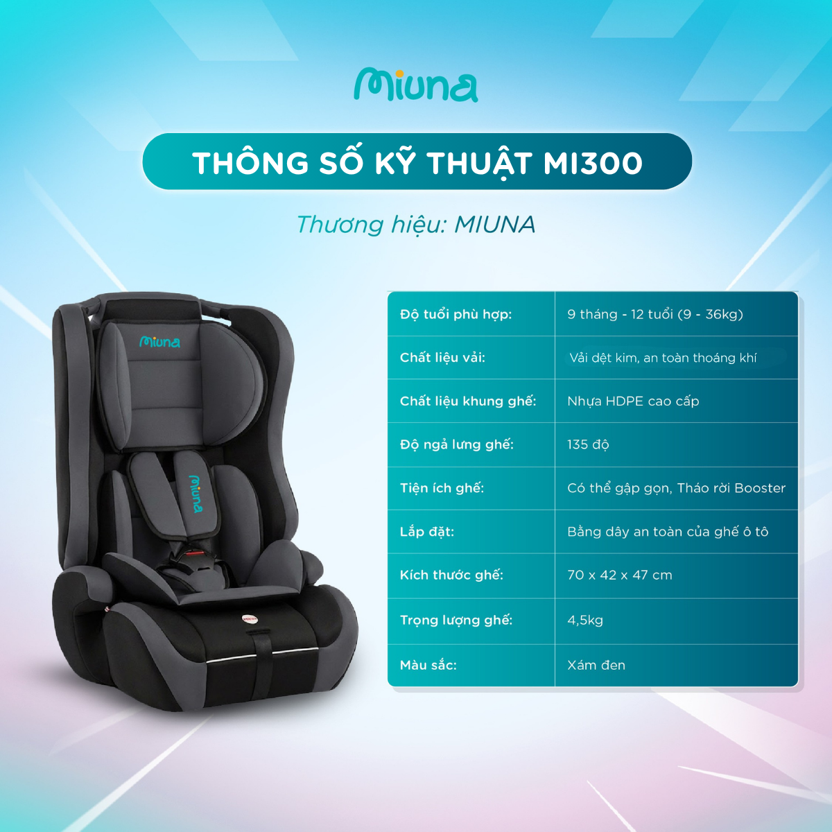 Ghế ngồi ô tô cho bé Miuna MI300 đạt chuẩn ECE R44 (cho bé từ 9m-12y) - Ảnh 10