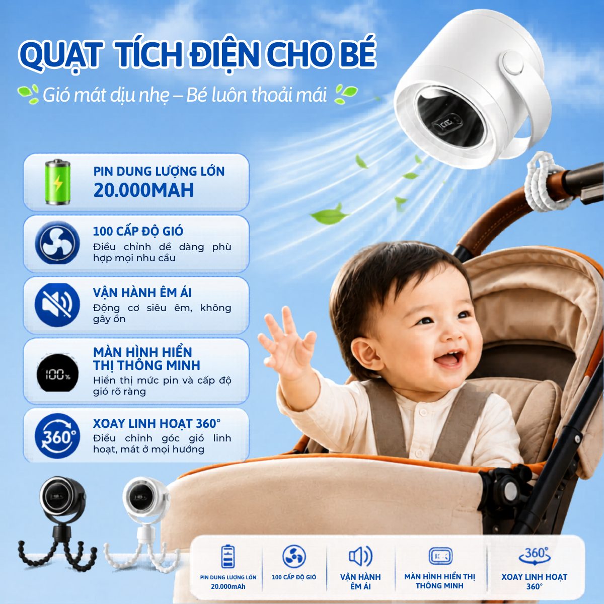 Quạt điện mini cho bé chân bạch tuộc kẹp xe đẩy, xe hơi, nôi, cũi đa năng - Ảnh 4